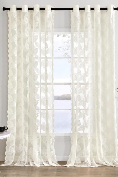 MIULEE Zasłony dekoracyjne Koronkowe z haftem liści 150 x 260 - Kość słoniowa